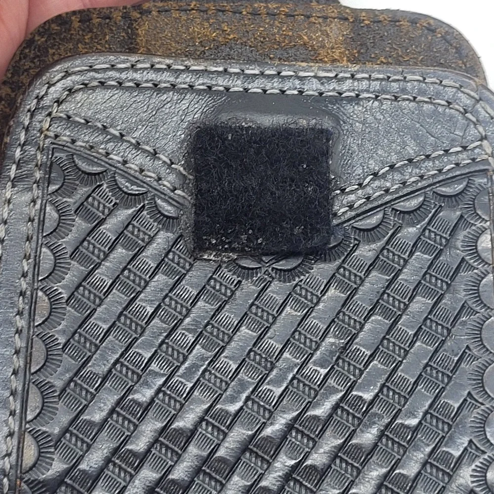 Western Black Leather Phone Holster With Basketweave Pattern And Swivel Clip - Picture 8 of 14